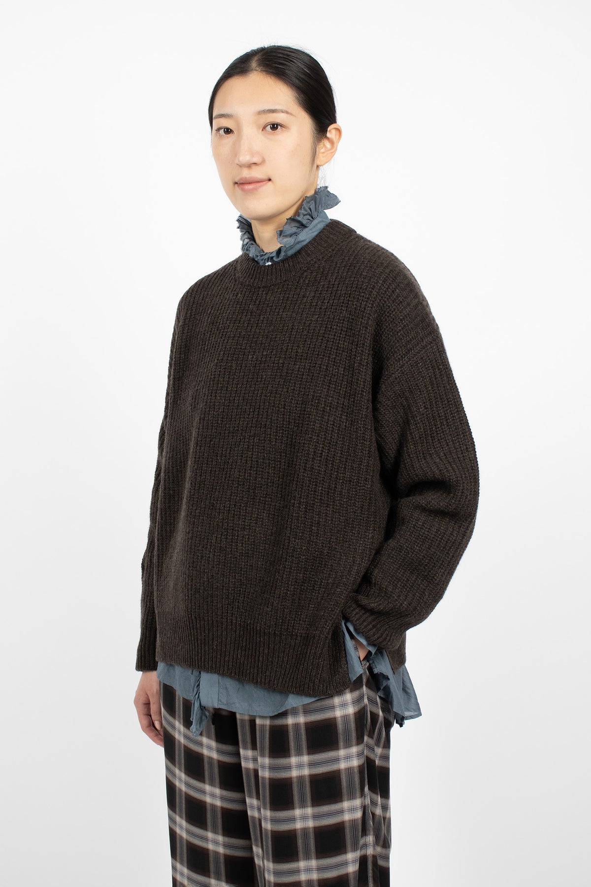 Rib Stitch Neck Big Pullover Heather Brown