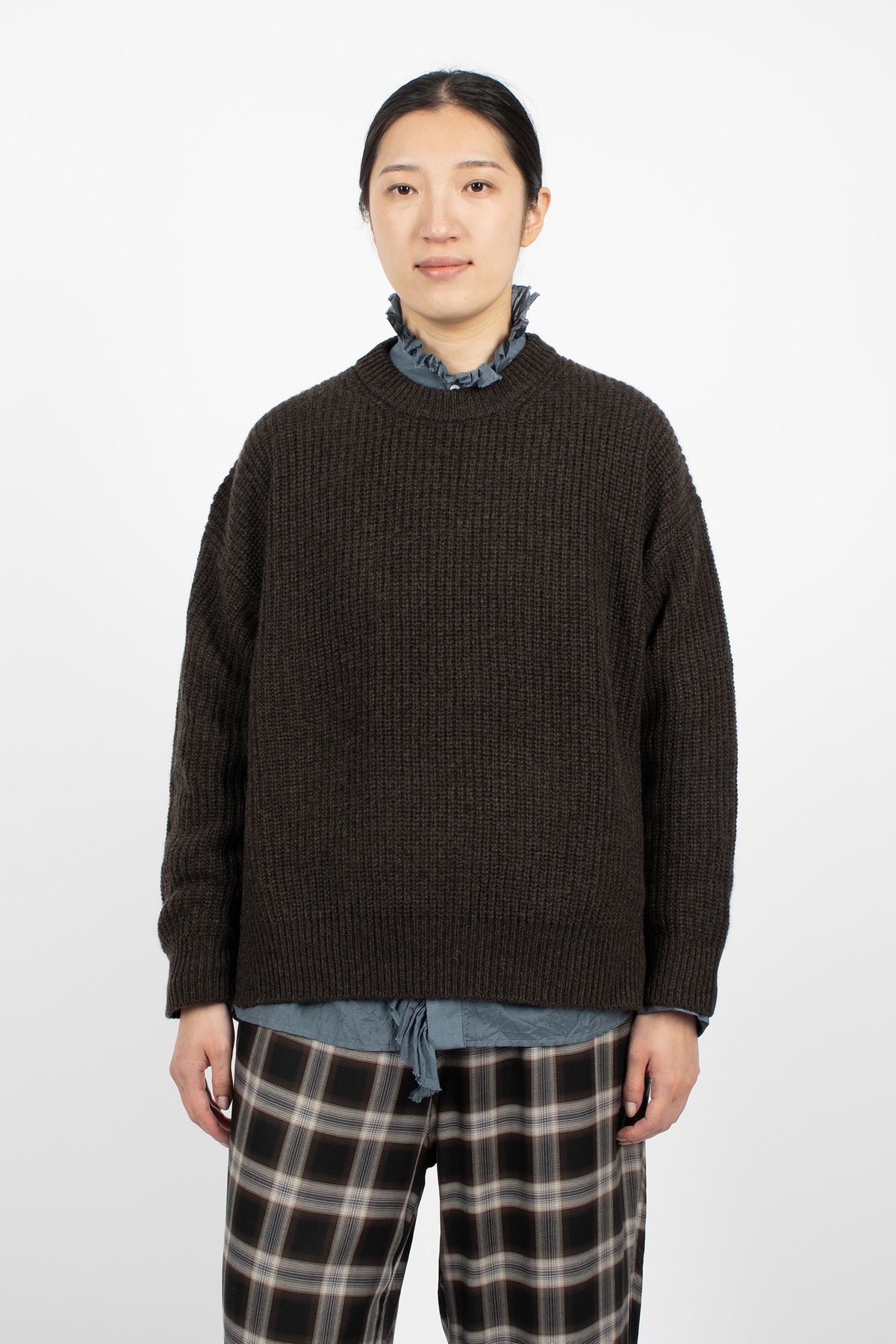 Rib Stitch Neck Big Pullover Heather Brown