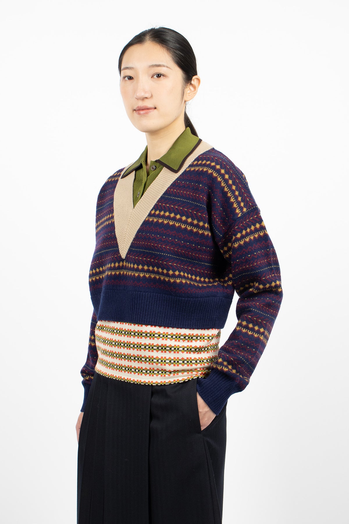Boxy Layered Wool Sweater Navy