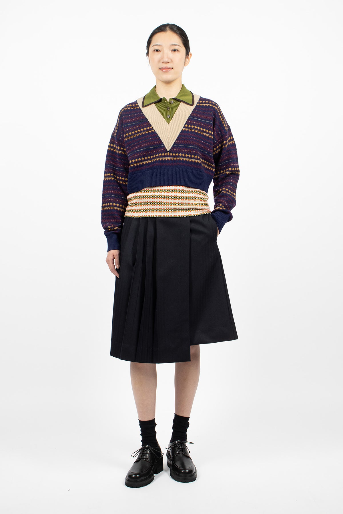 Boxy Layered Wool Sweater Navy