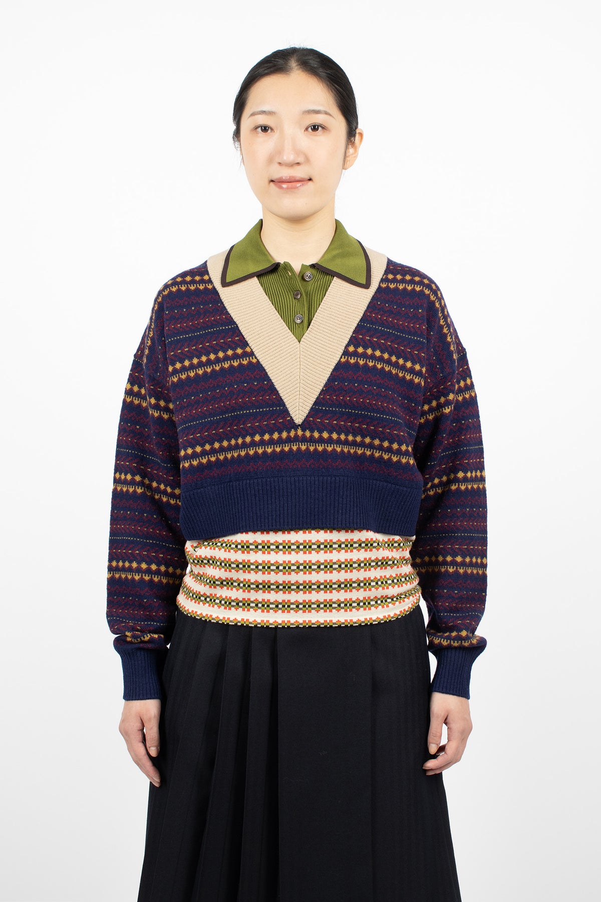 Boxy Layered Wool Sweater Navy