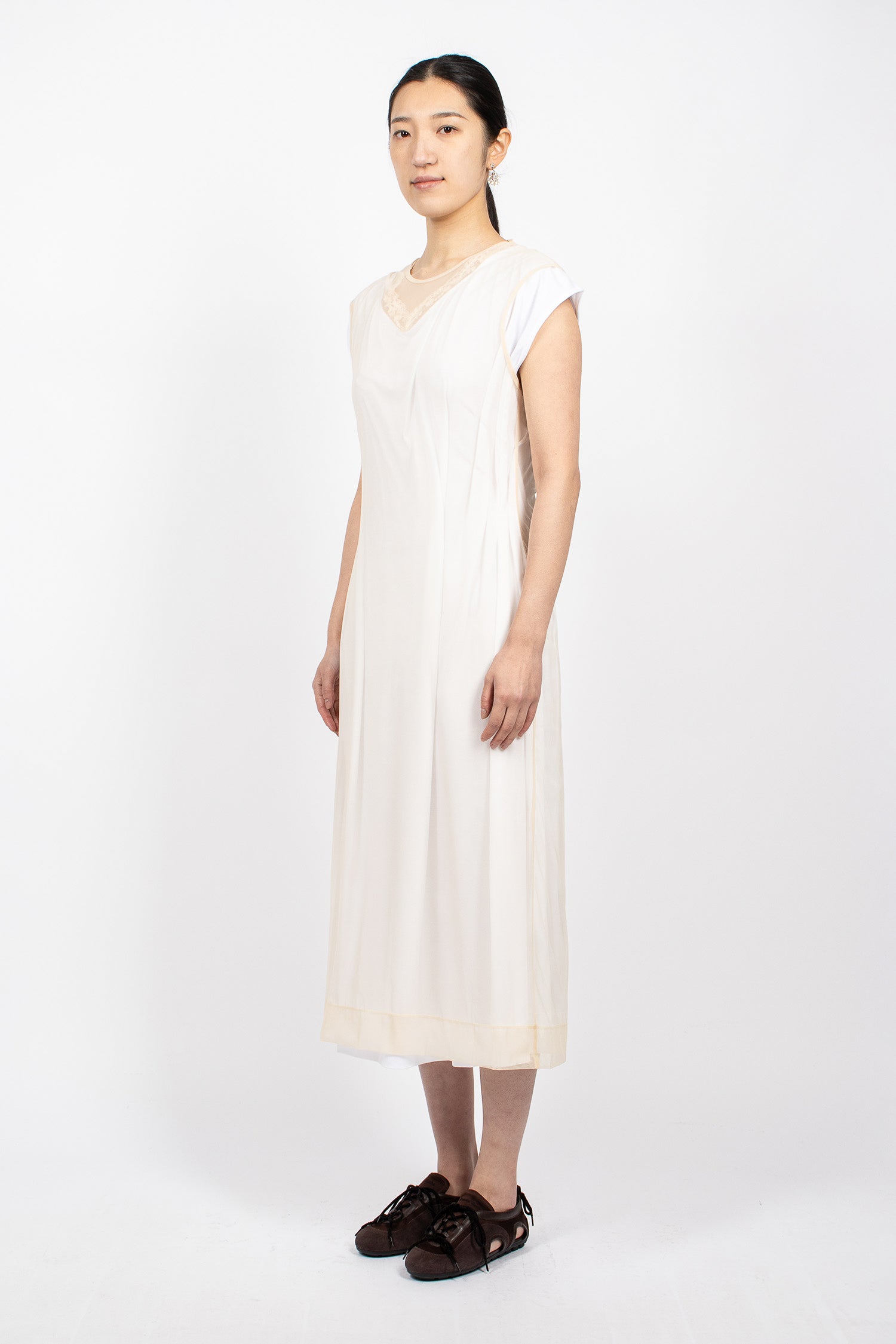 Layered Liquid Cap Sleeve Lace Trim Dress White/Nude