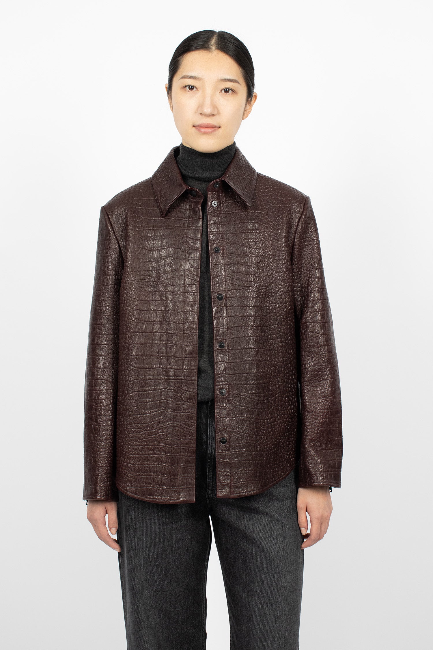 Leather Shirt Jacket Burgundy