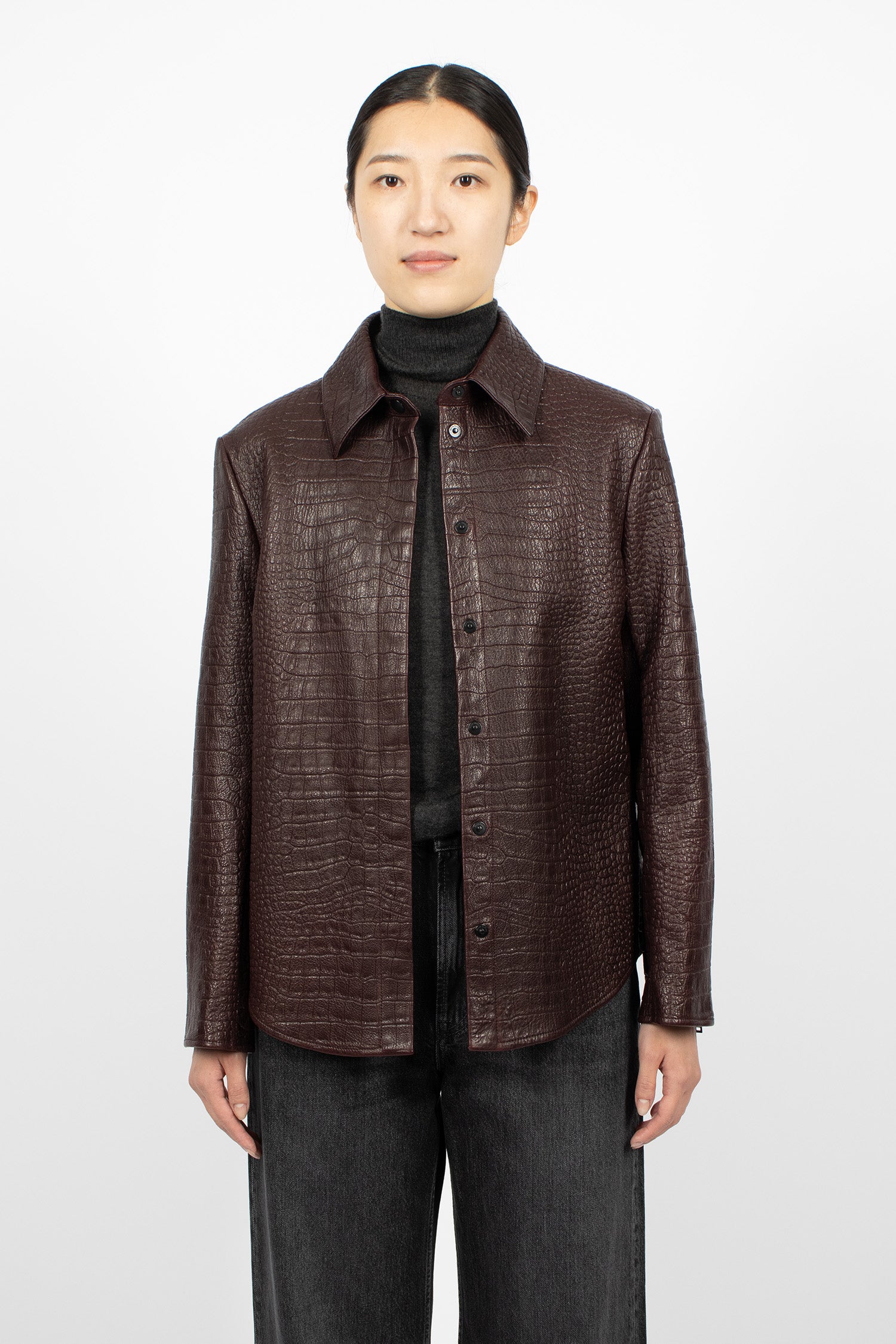 Leather Shirt Jacket Burgundy