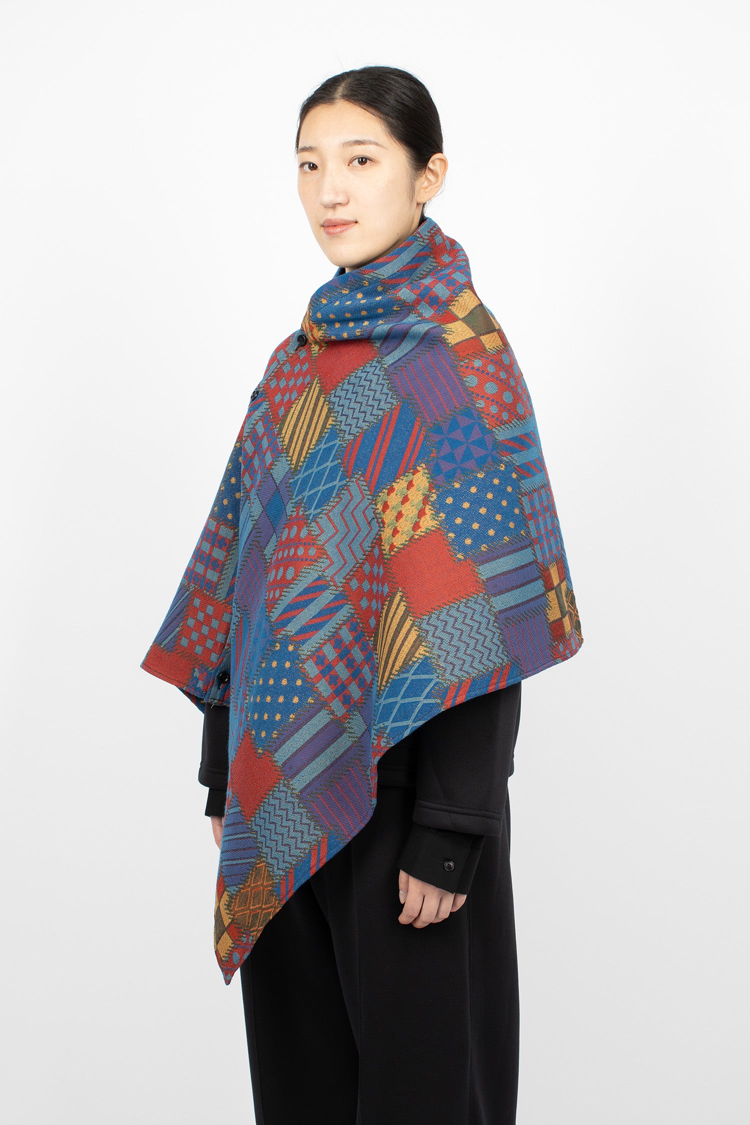 Button Shawl Multicolour Geometric Jacquard