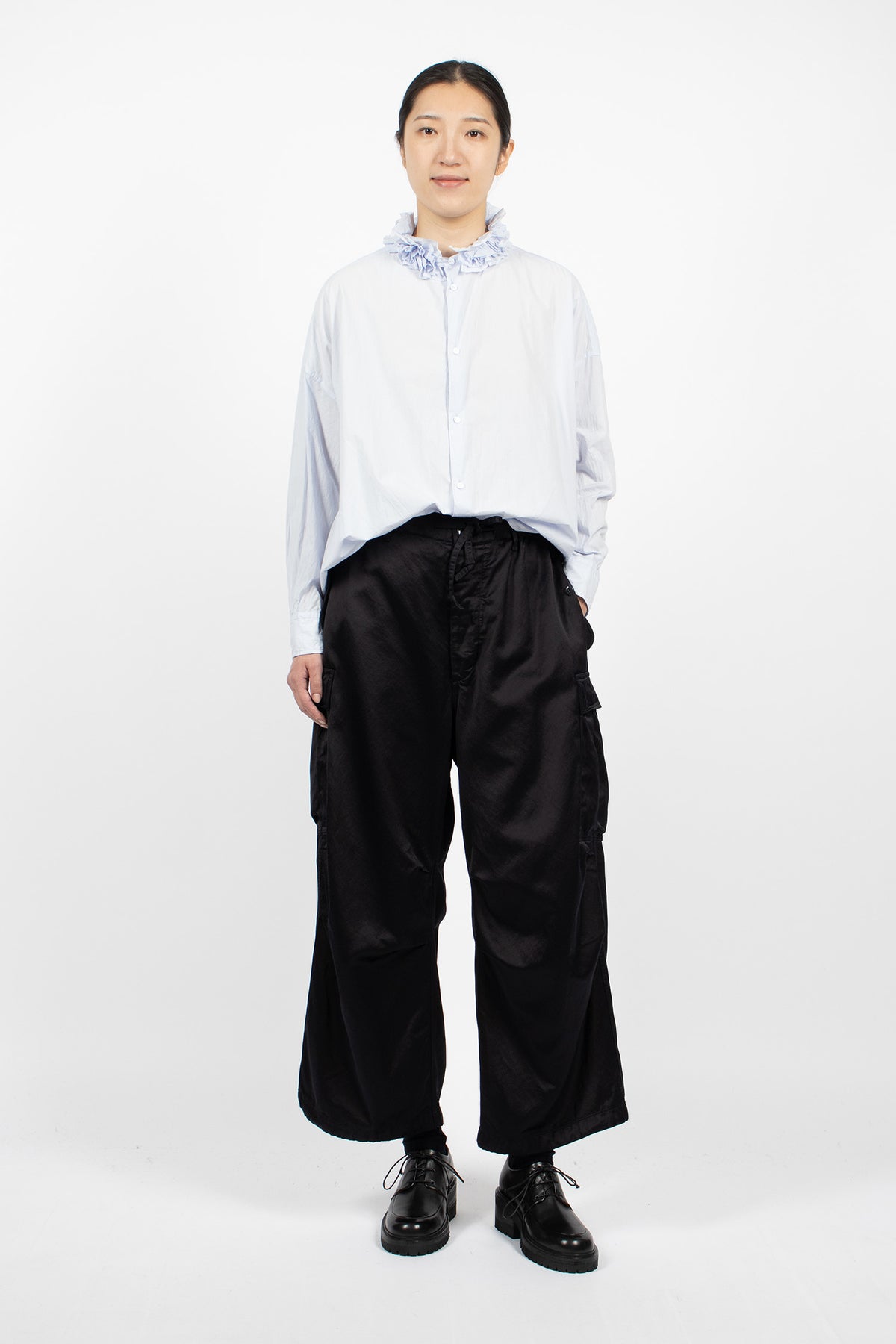 Neck Ruffle Shirt Sax Blue