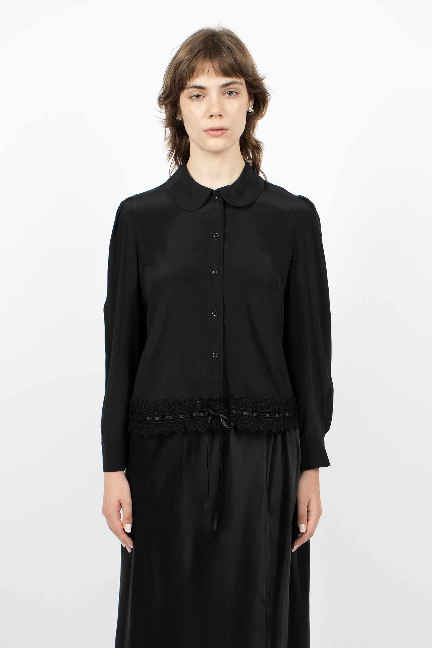 Cropped Ribbon Trim Round Collar Shirt Black