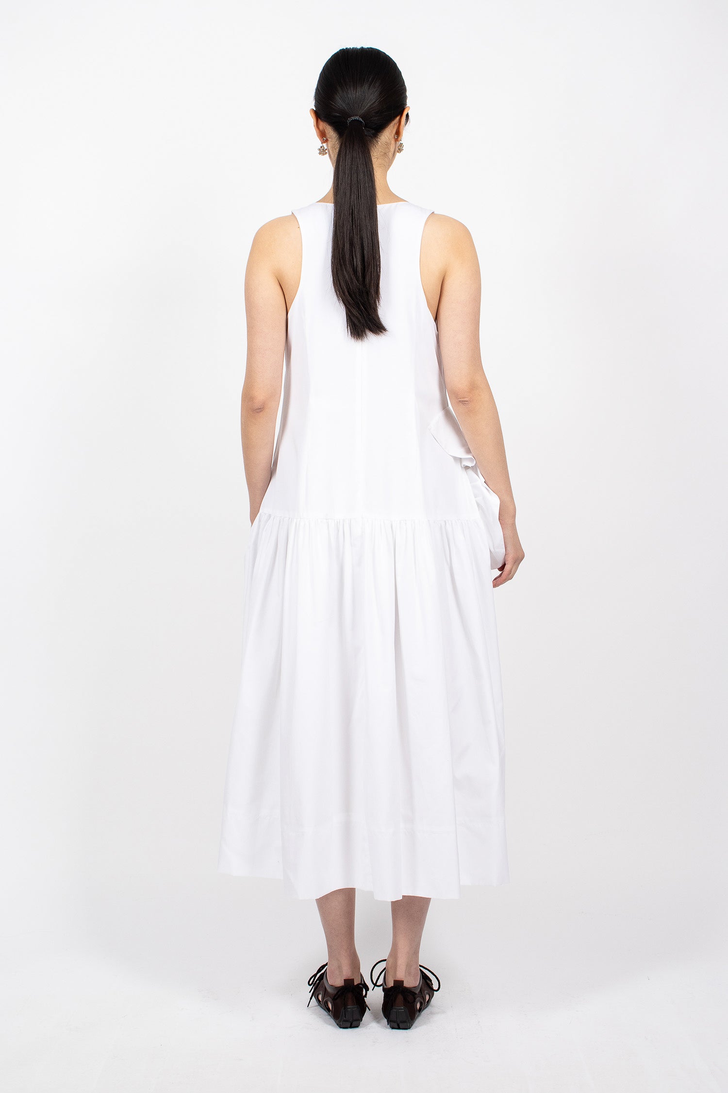 Pressed Rosette Tapered Back Flounce Dress White