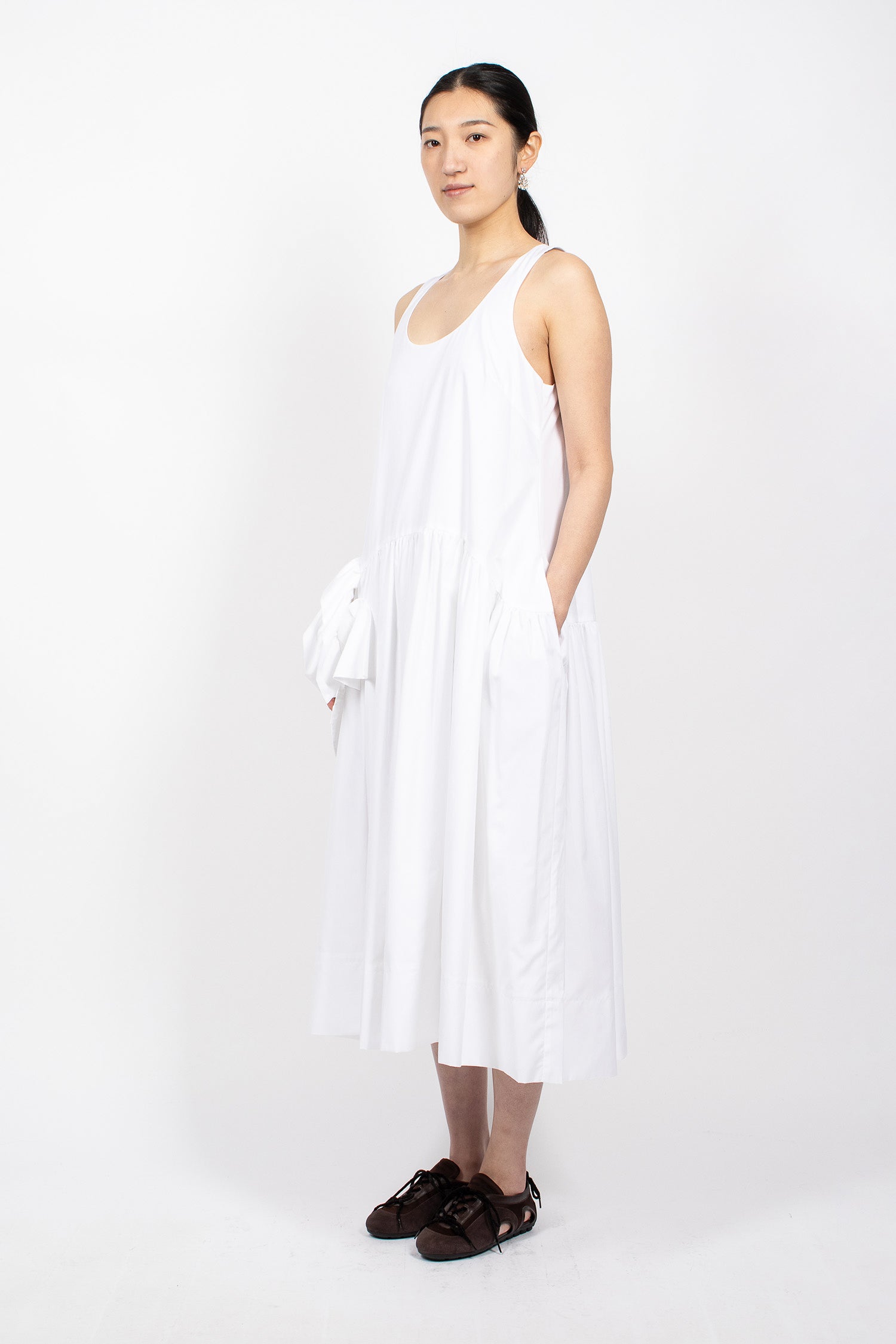 Pressed Rosette Tapered Back Flounce Dress White