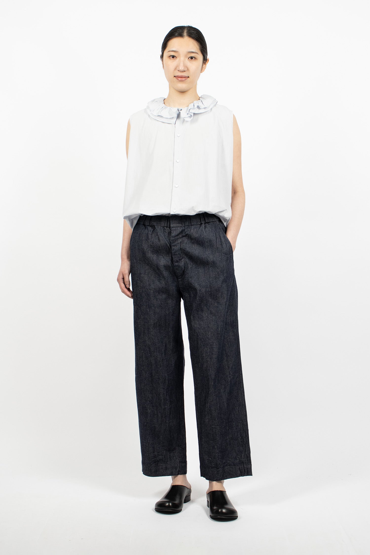 Ruffle Collar Sleeveless Shirt Smoke Sax Blue