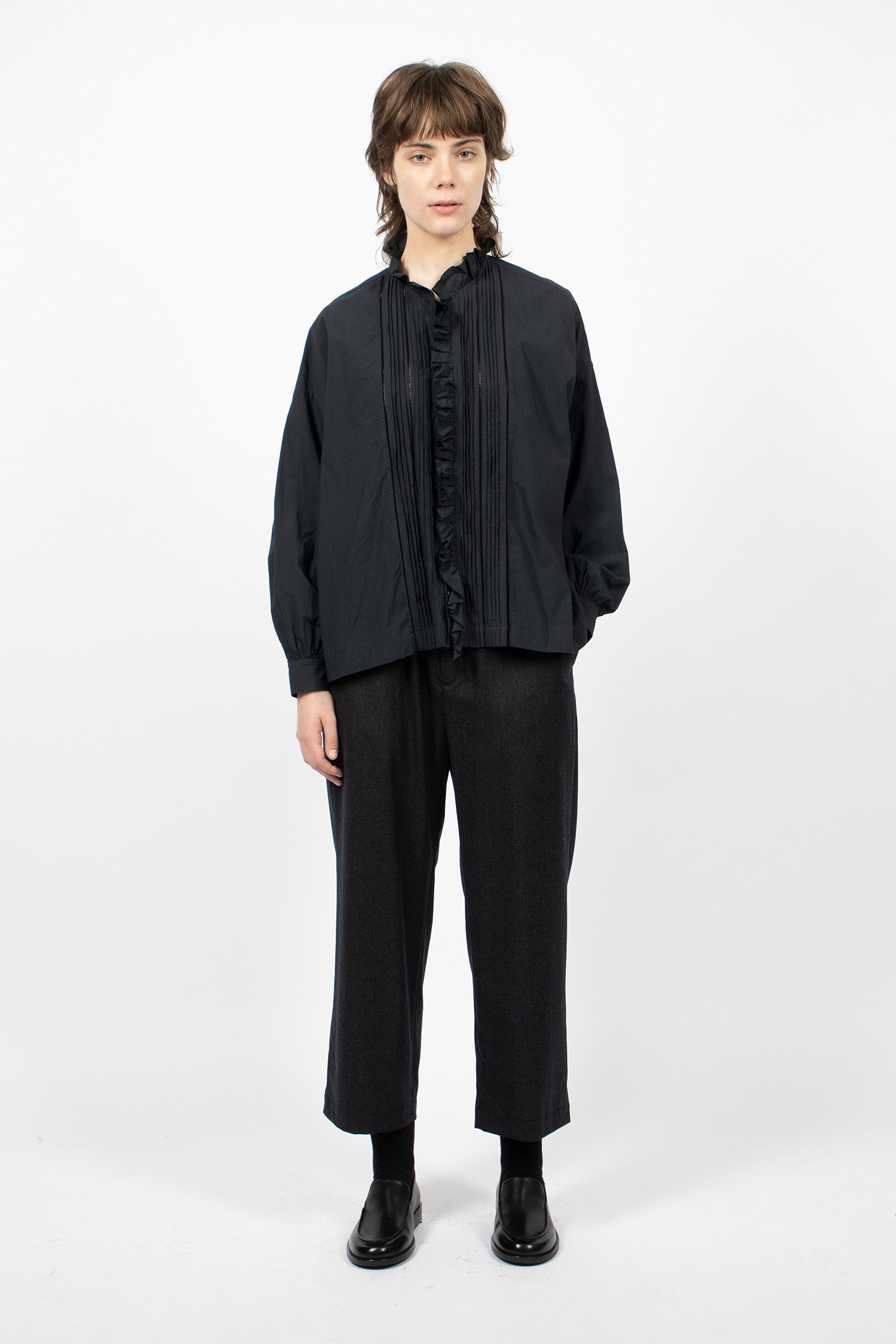 Lace Pin Tuck Ruffle Shirt Black Navy