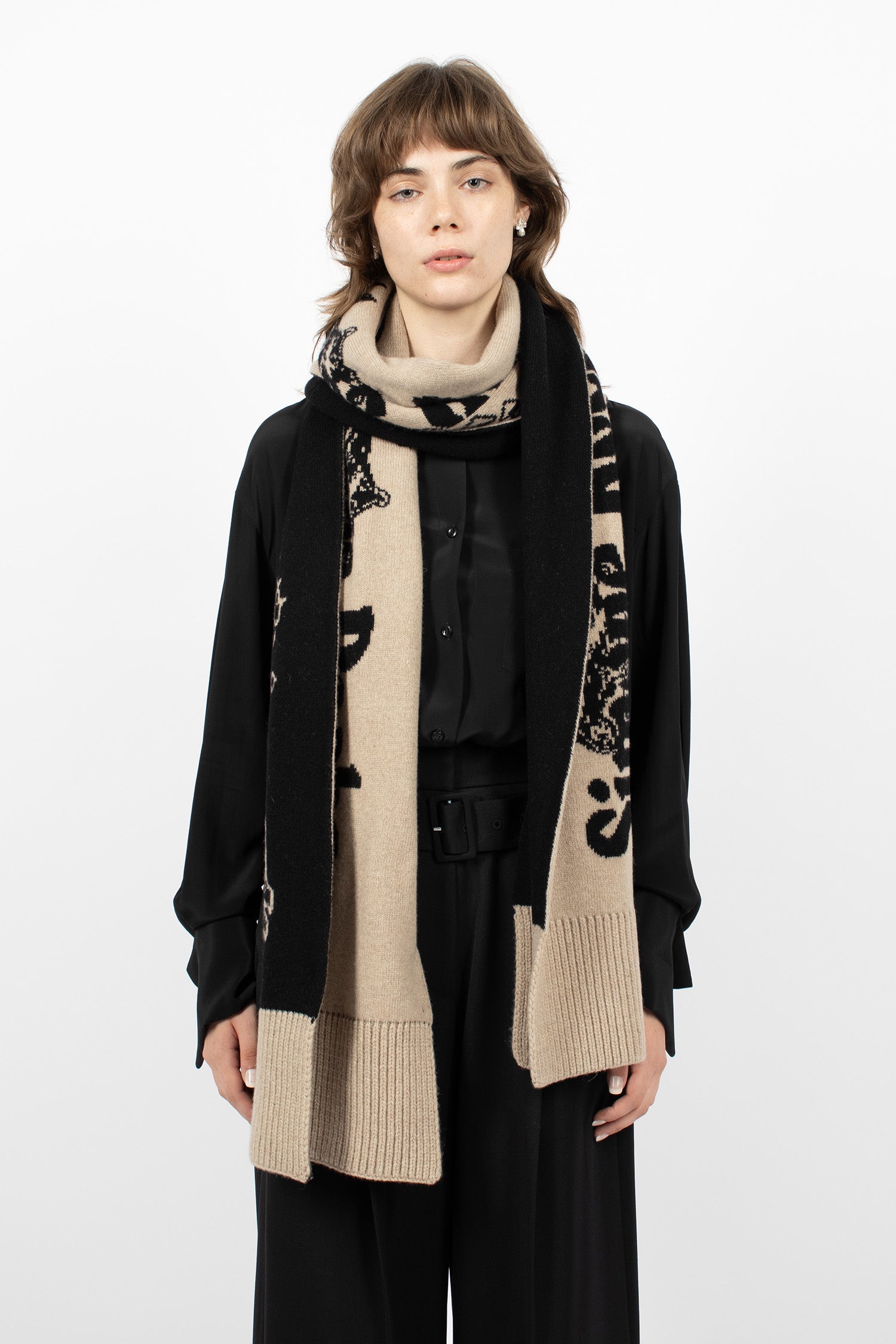 Long Graphic Logo Knit Scarf Oat/Black
