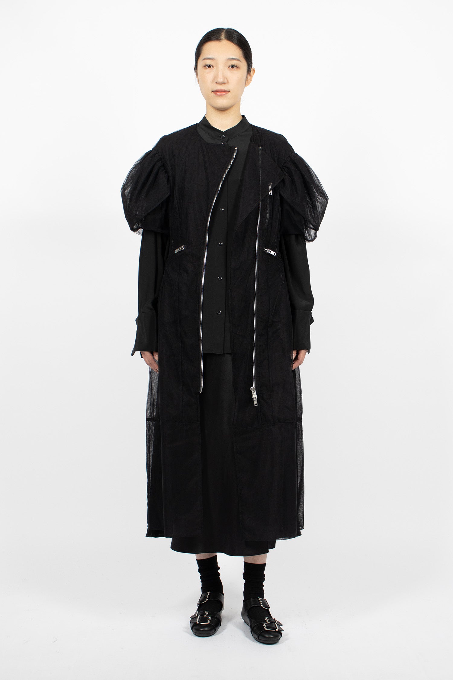 Sheer Sculpted Petal Sleeve Biker Dress Black