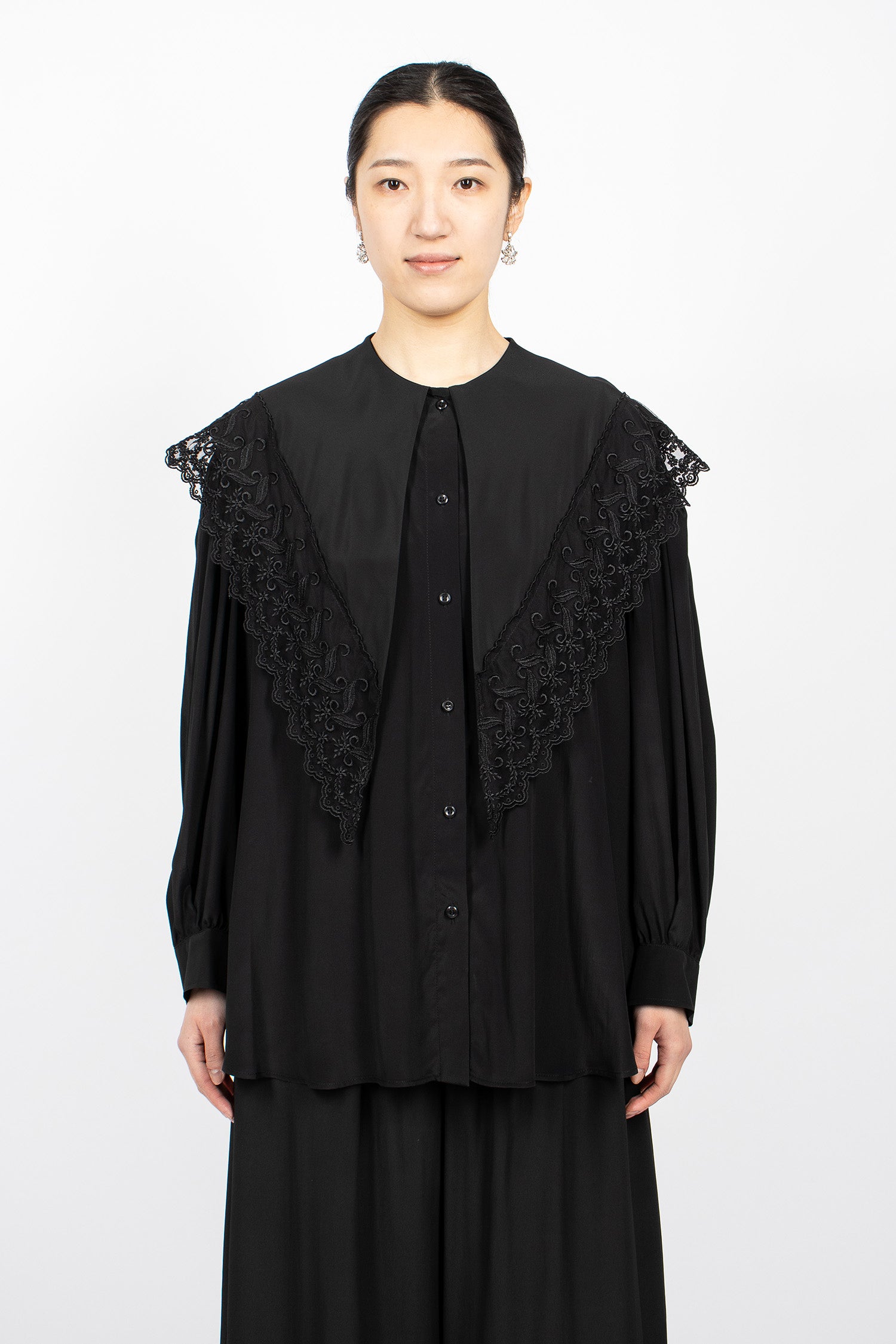Pointed Collar Lace Trim Shirt Black