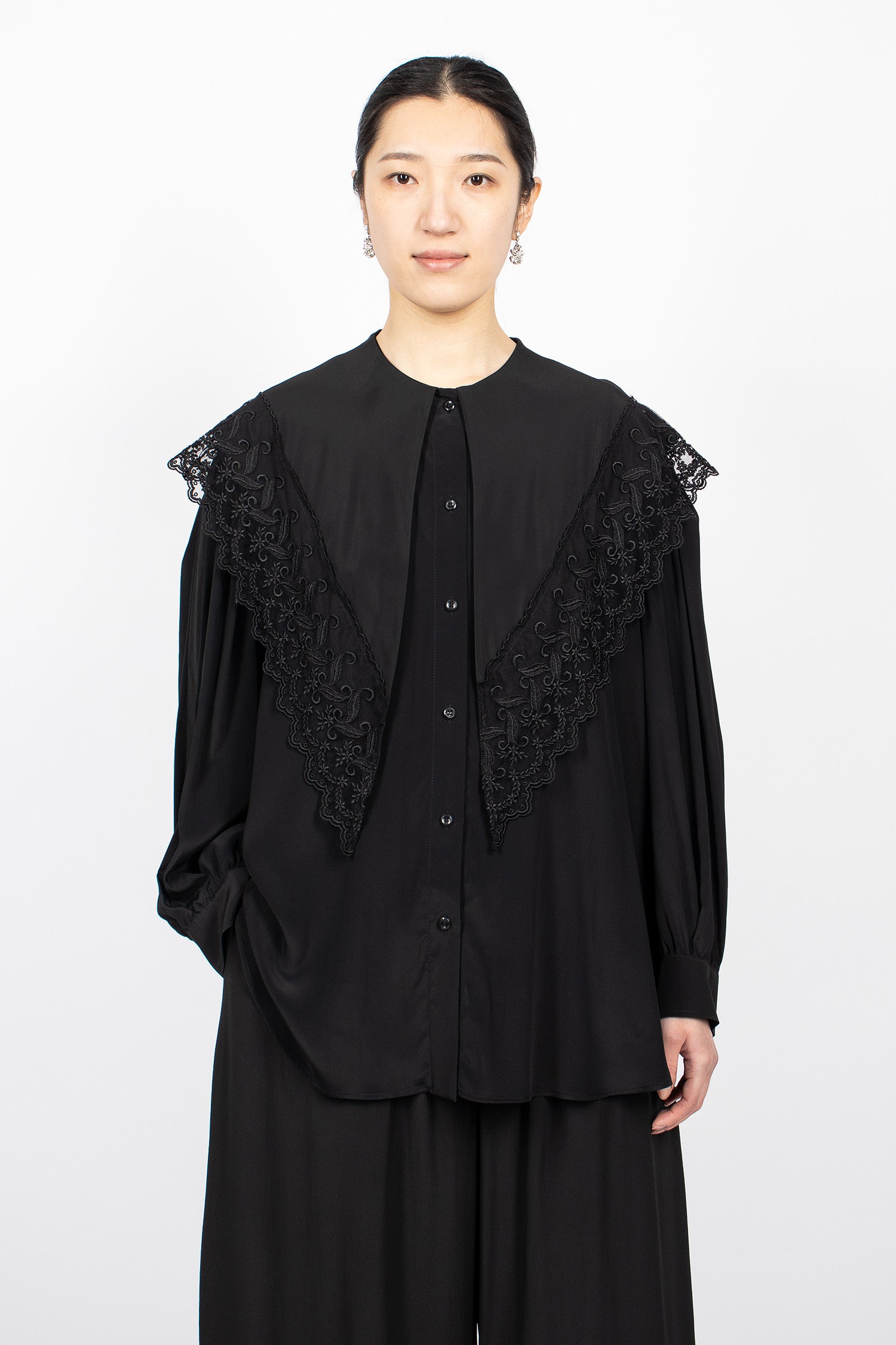 Pointed Collar Lace Trim Shirt Black