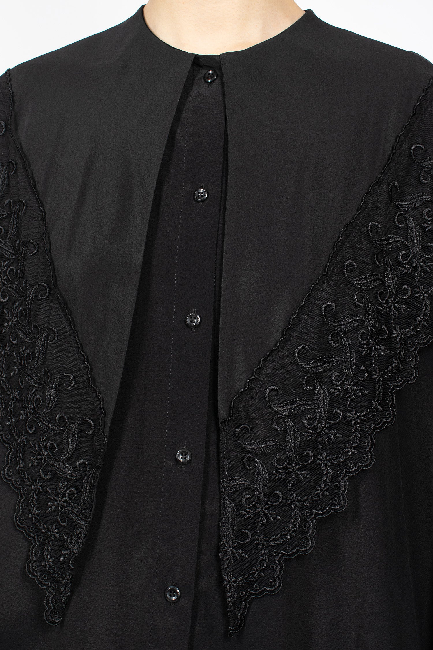 Pointed Collar Lace Trim Shirt Black