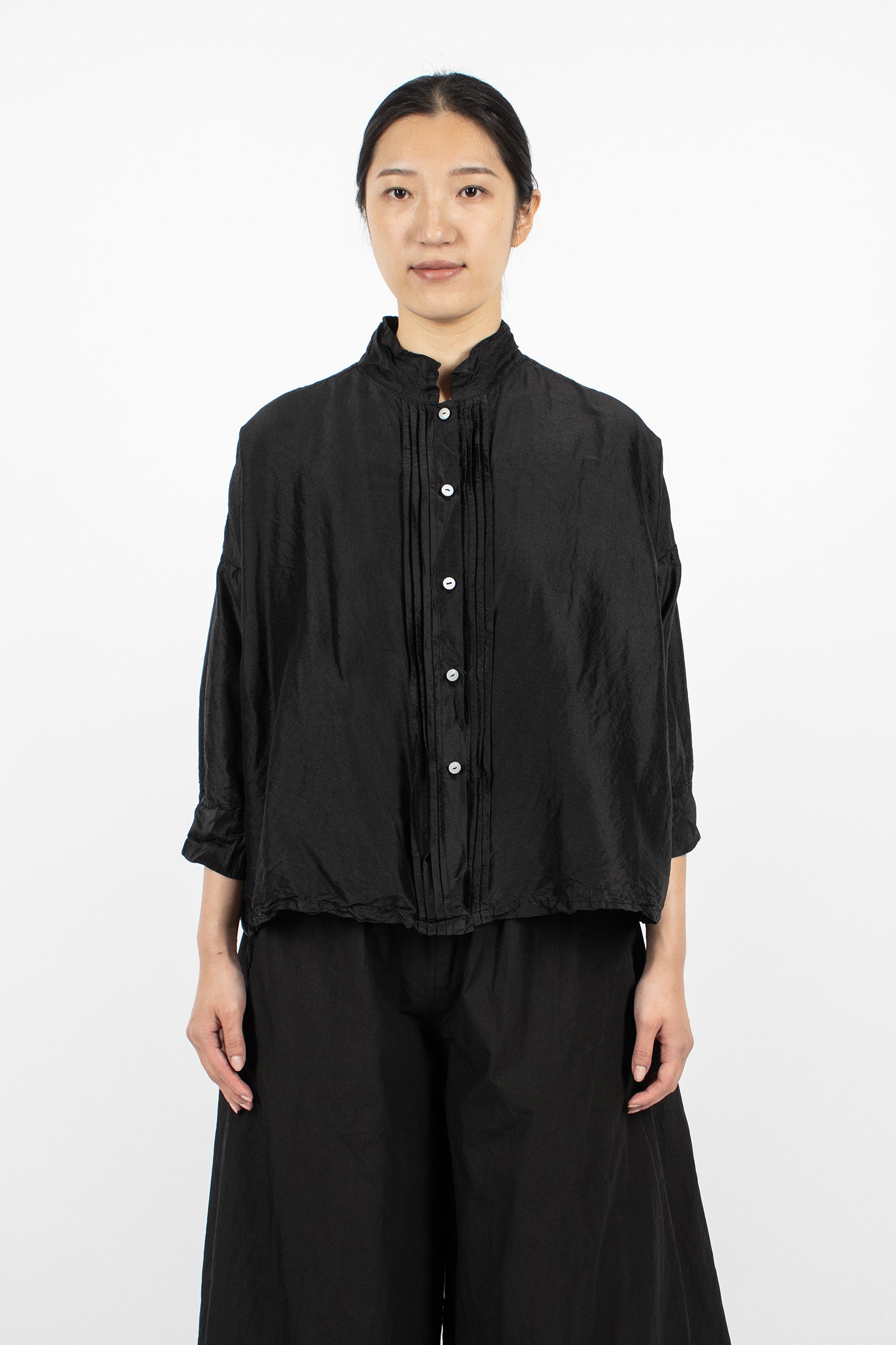 Long Square Silk Shirt Black