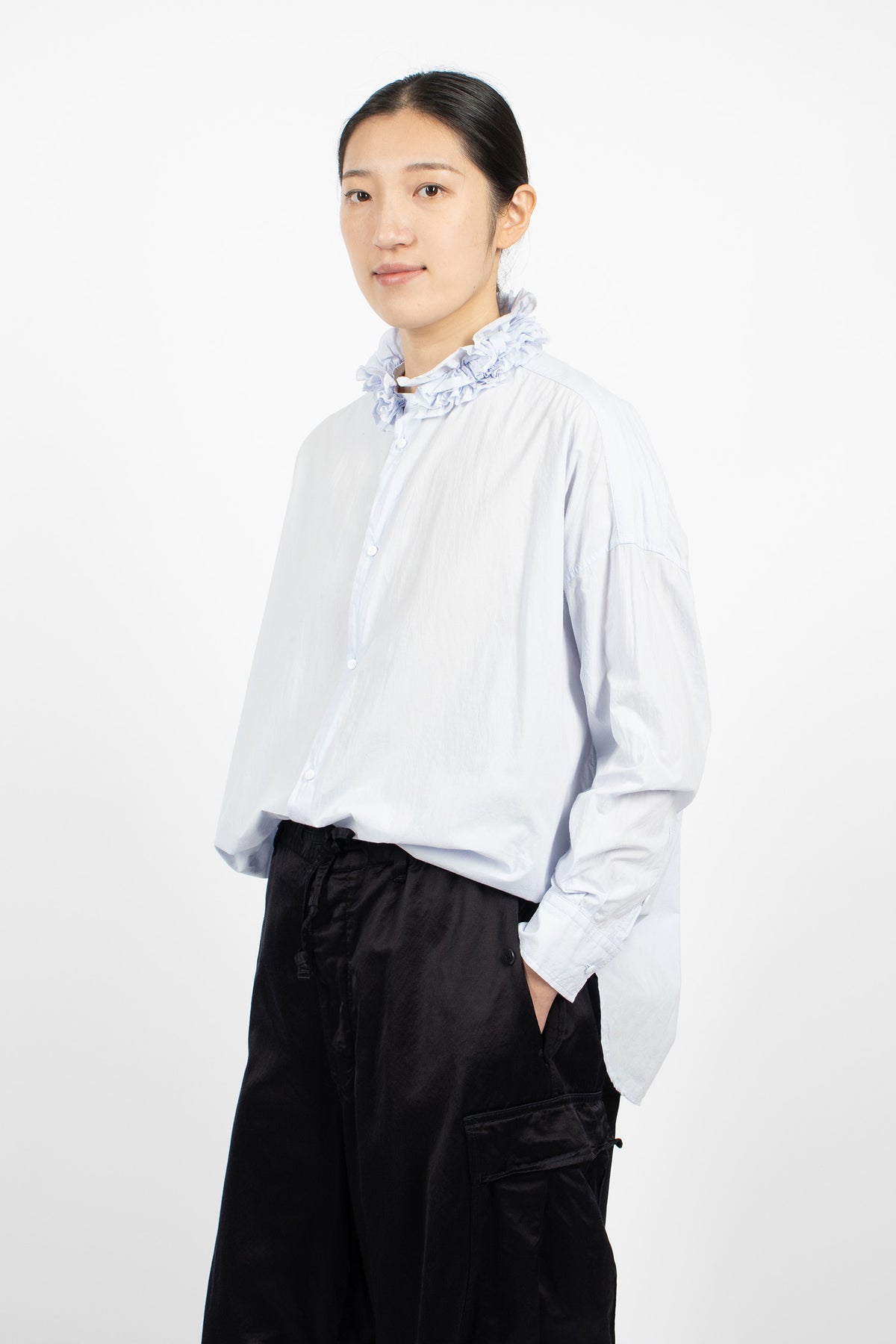 Neck Ruffle Shirt Sax Blue