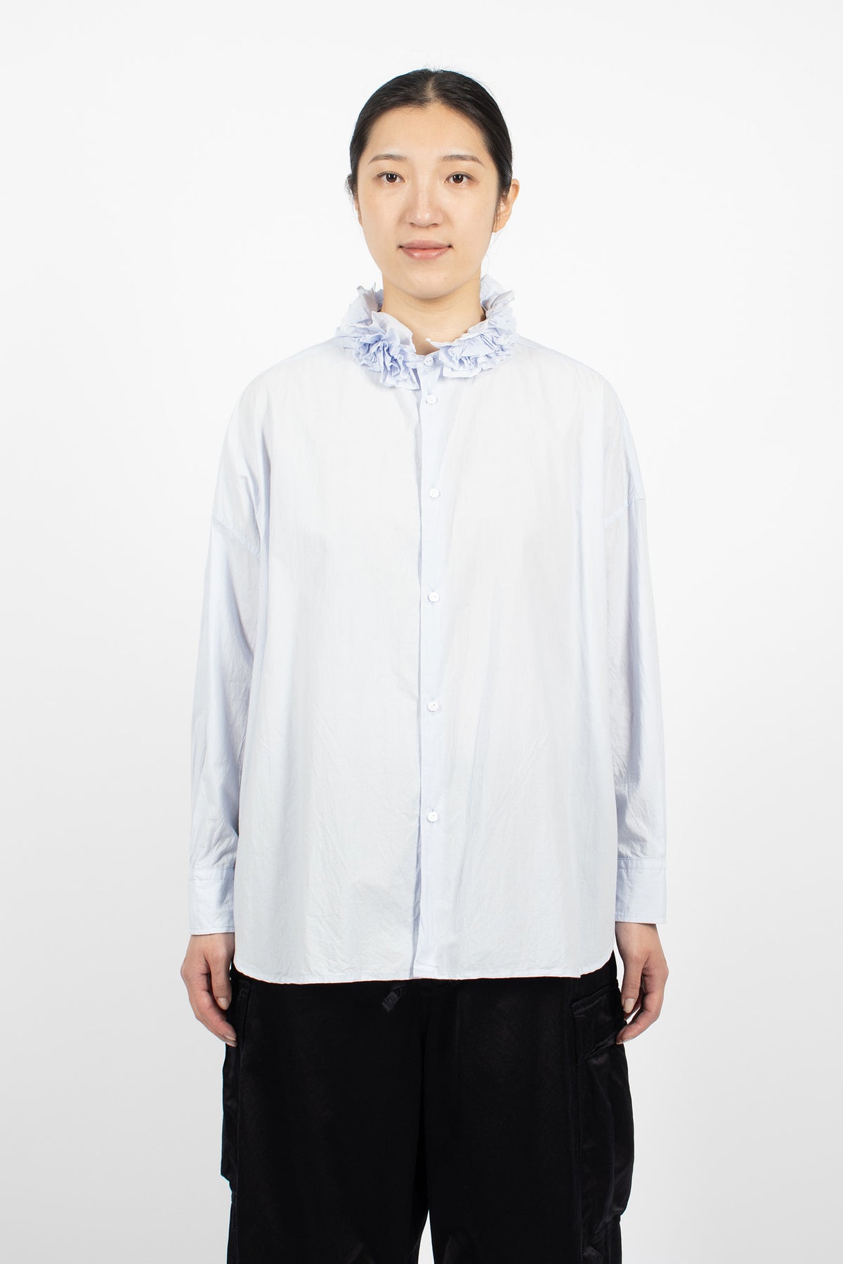Neck Ruffle Shirt Sax Blue