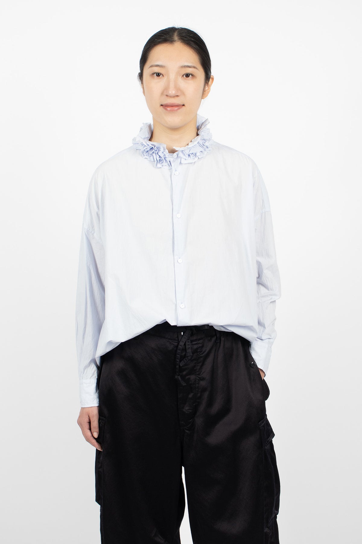 Neck Ruffle Shirt Sax Blue