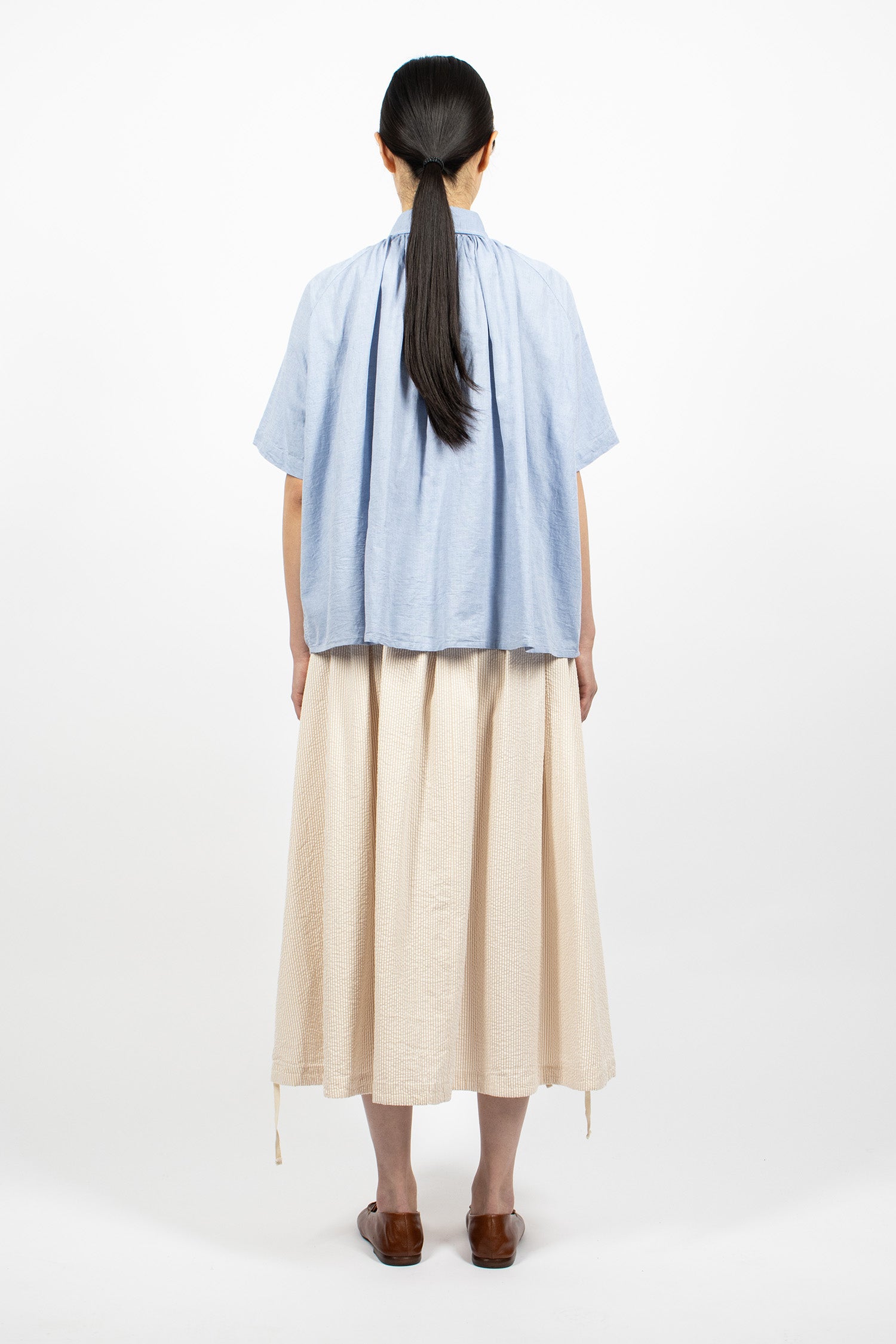 Gathered Seersucker Skirt Beige Stripe