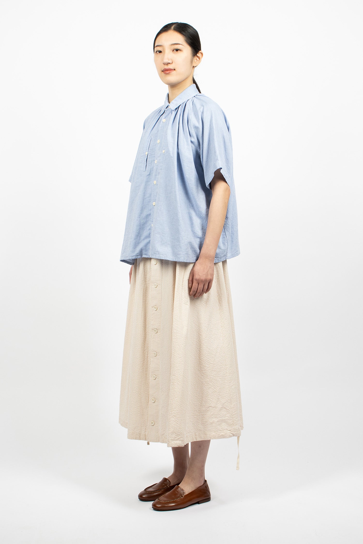 Gathered Seersucker Skirt Beige Stripe