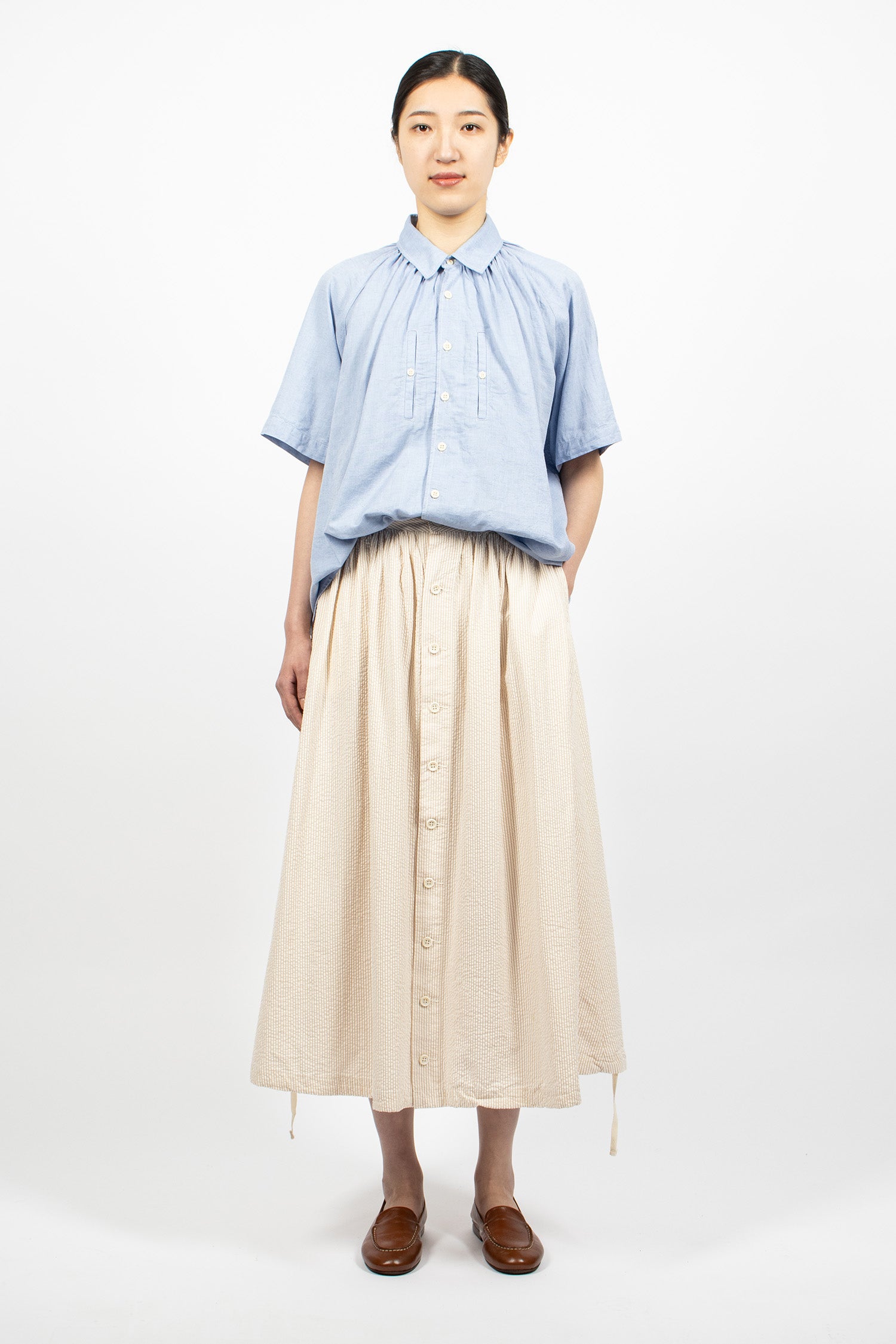 Gathered Seersucker Skirt Beige Stripe