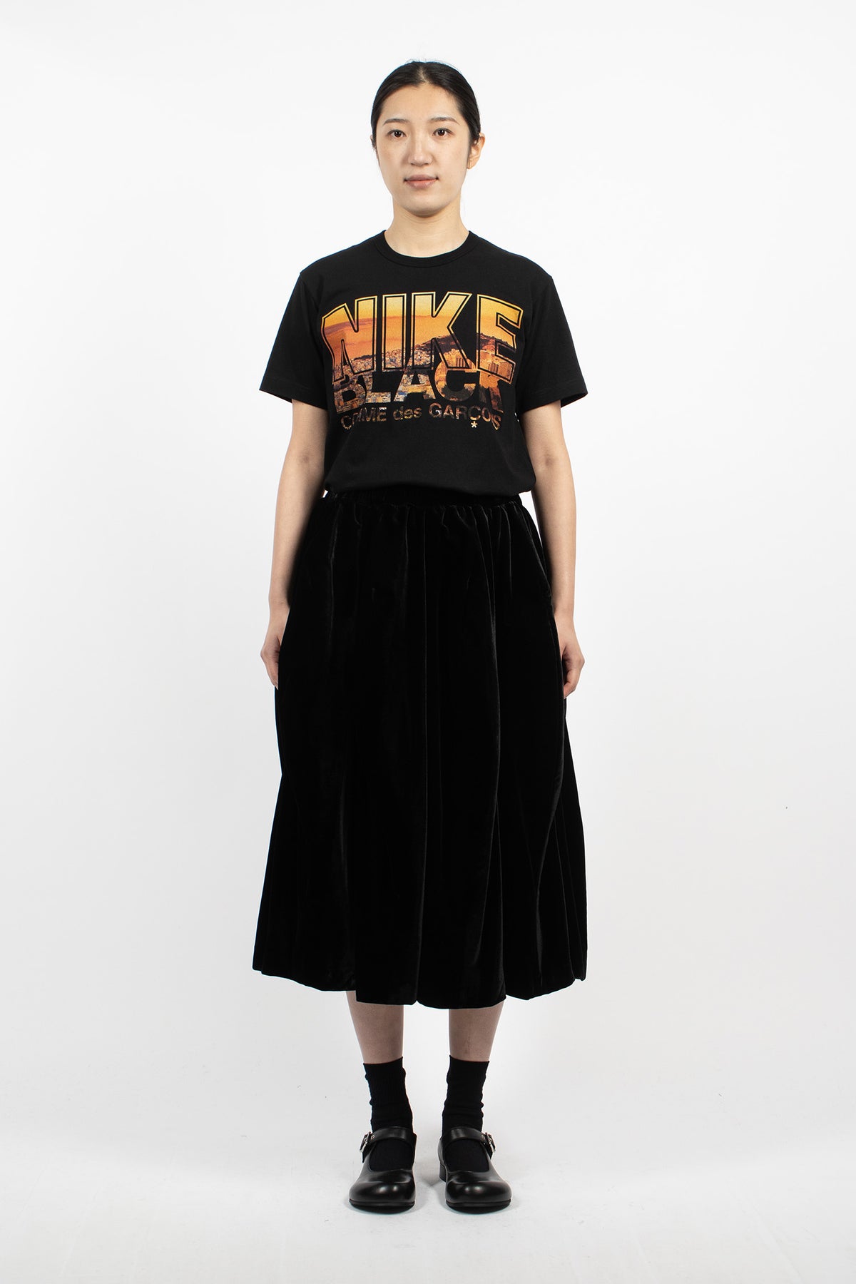 Curved Panel Velour Skirt Black