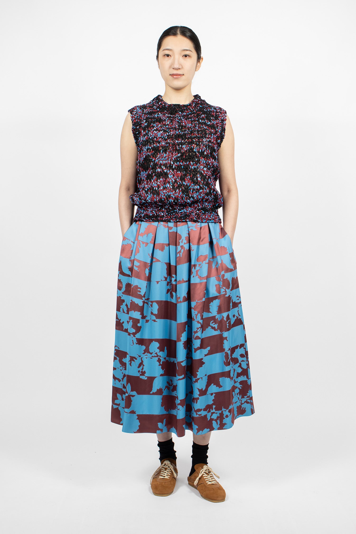 Floral Jacquard A-Line Skirt Blue
