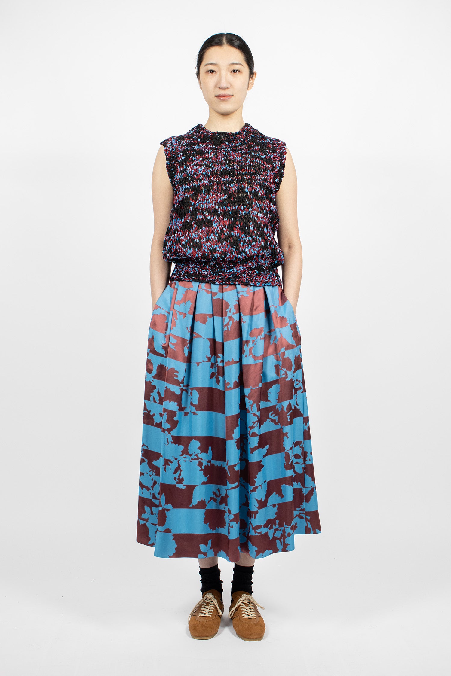 Floral Jacquard A-Line Skirt Blue