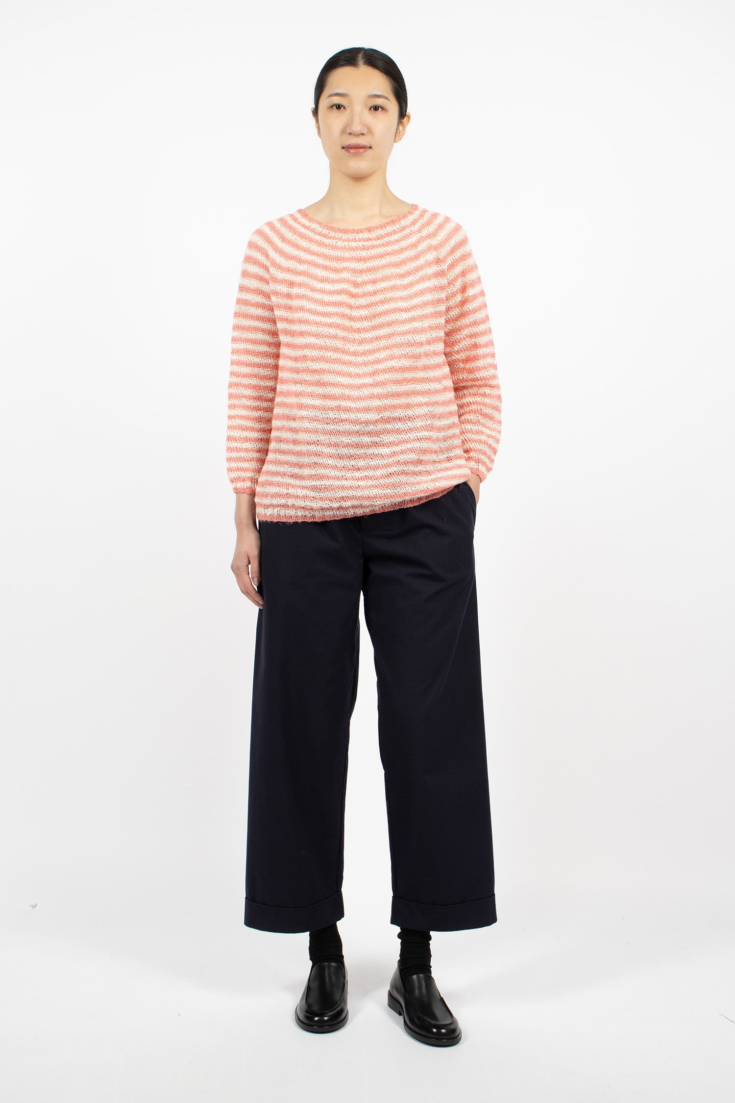 Hand-Knitted Crew Neck Sweater Pink/White