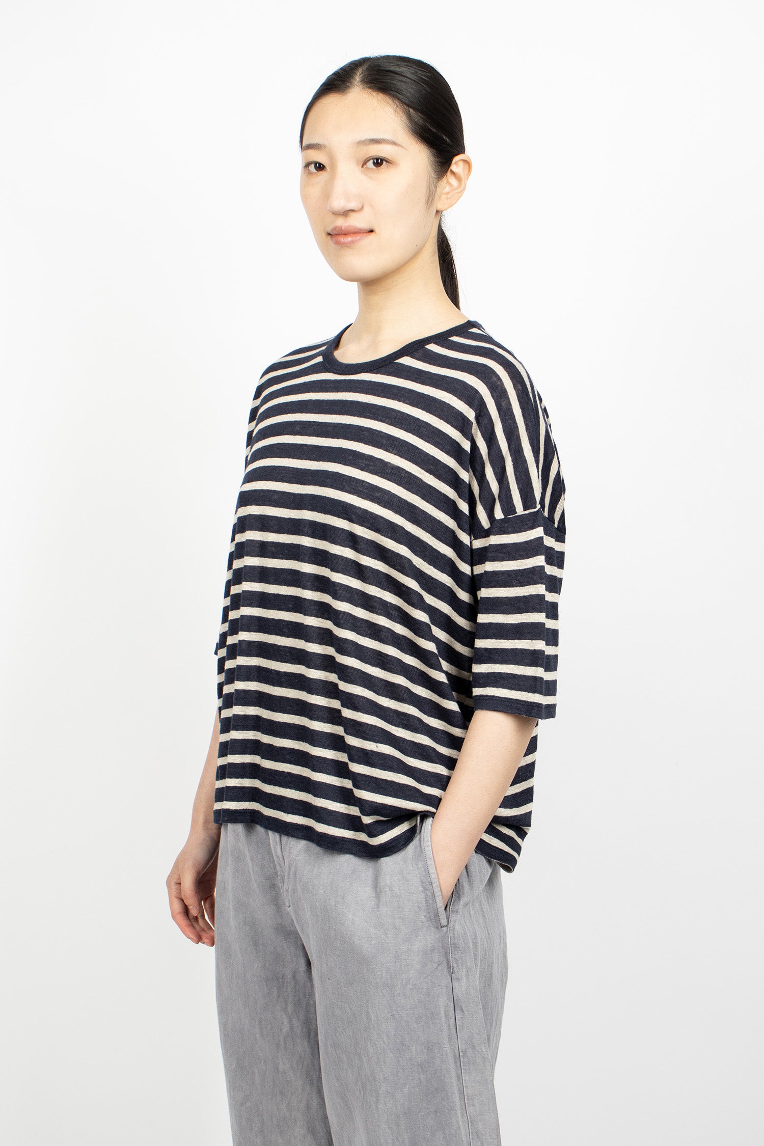 Linen Plainstitch Border Stripe T-Shirt Navy