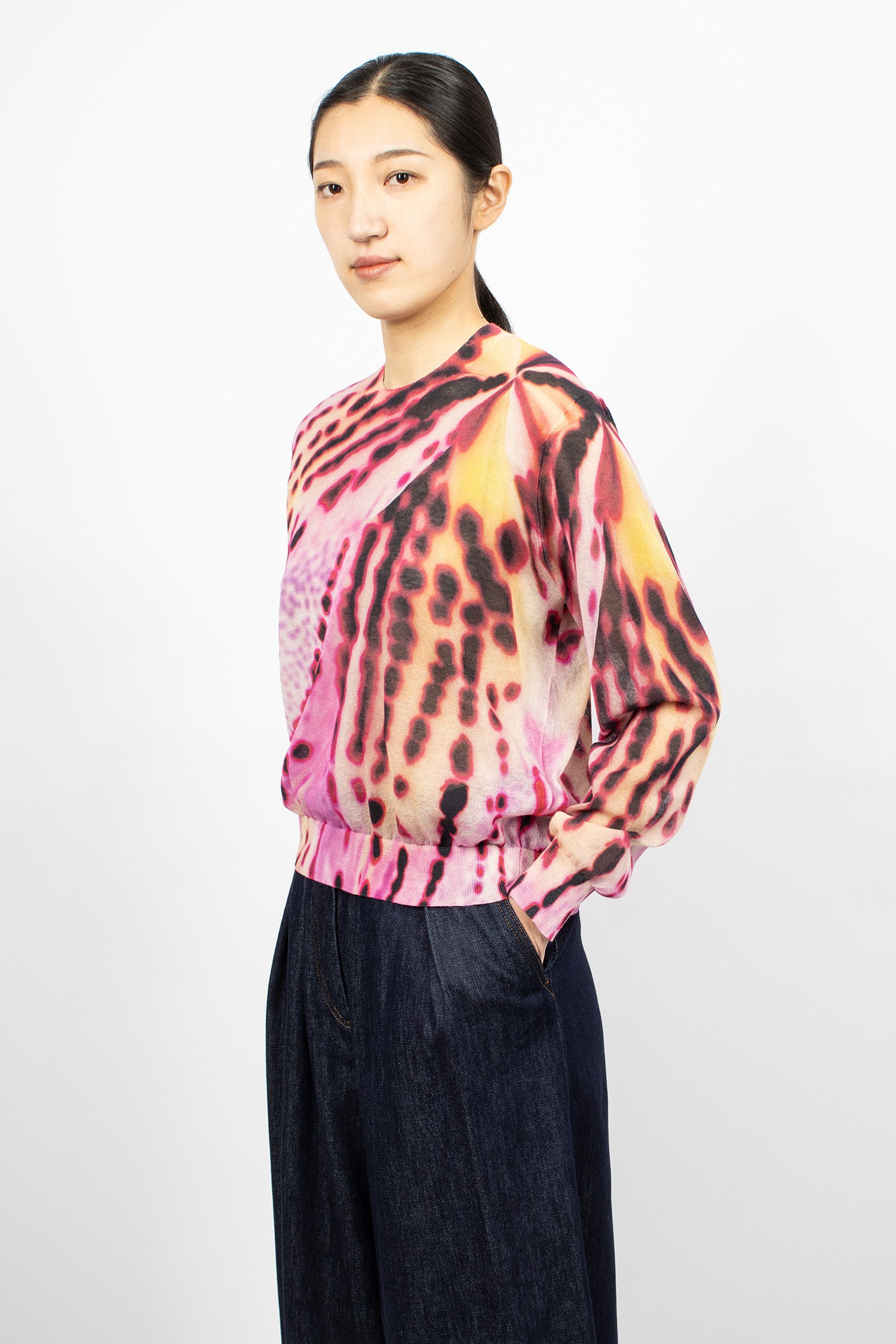 Sheer Floral Print Sweater Pink