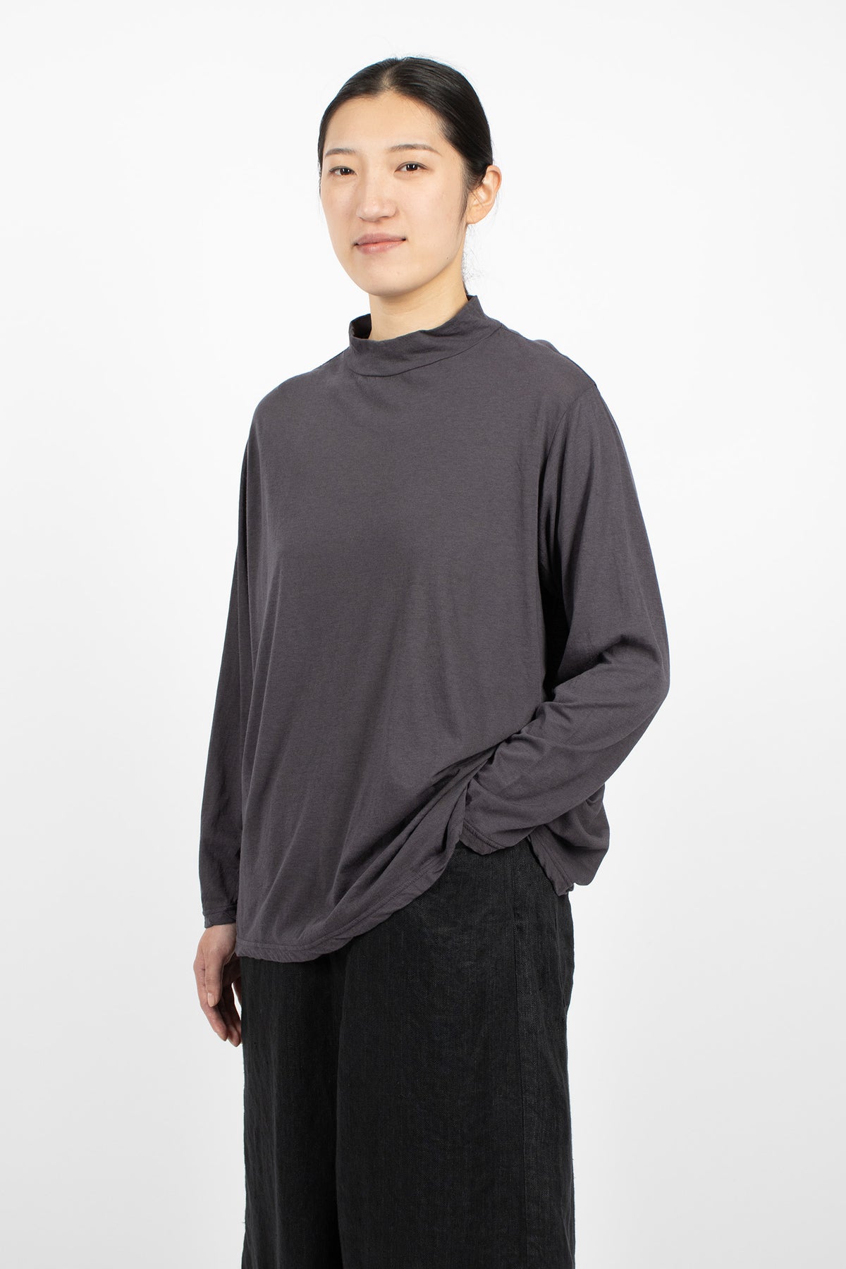 Cotton Silk Plainstitch Mock Neck Pullover Navy