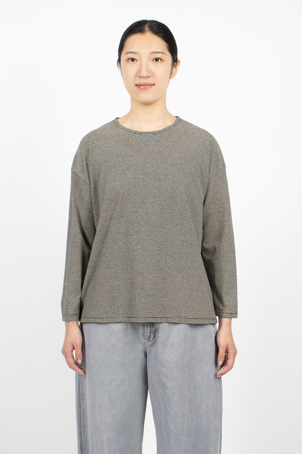 Cotton Hemp Plainstitch L/S T-Shirt Black Stripe