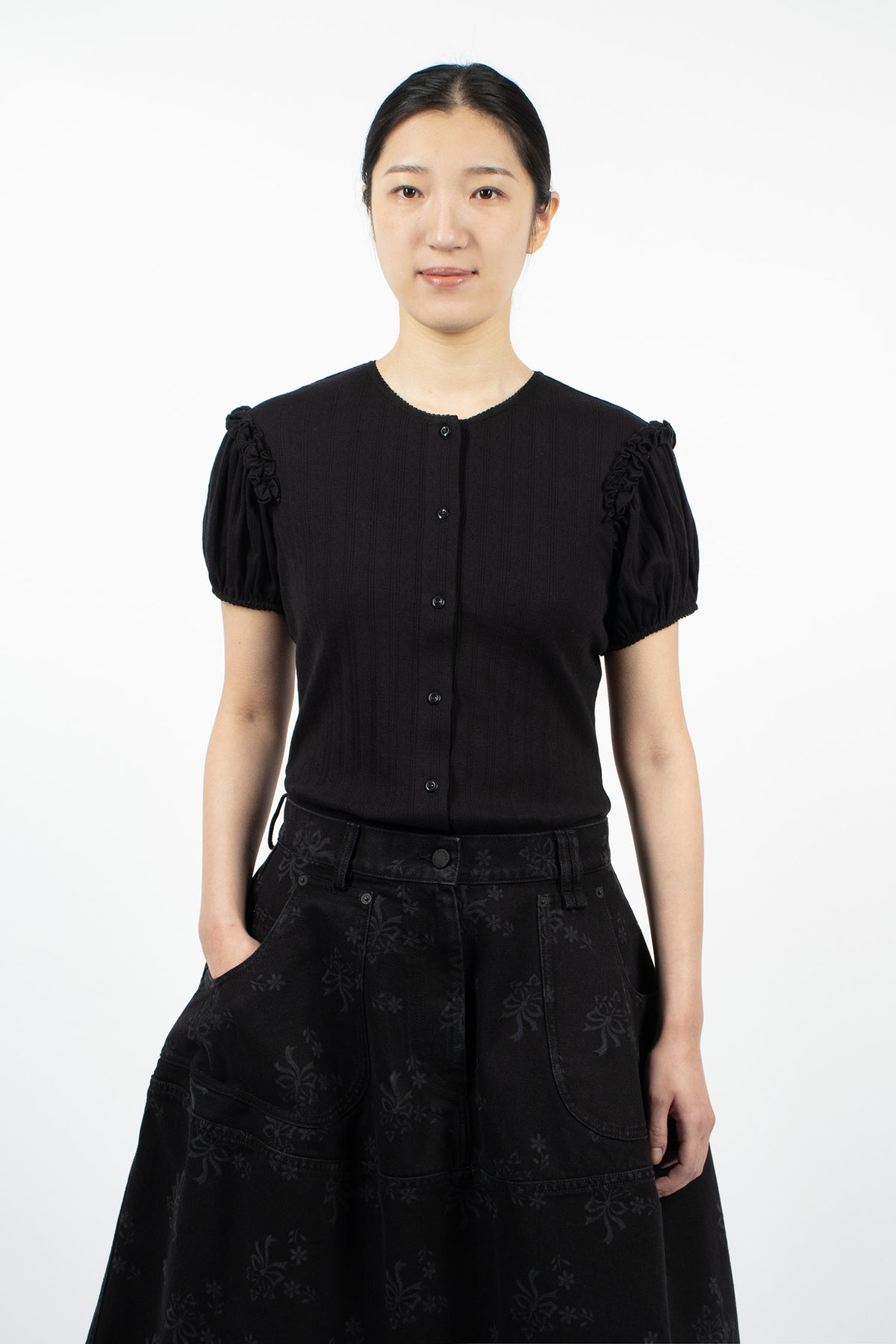 Pointelle Puff Sleeve Cardigan Black/Pearl